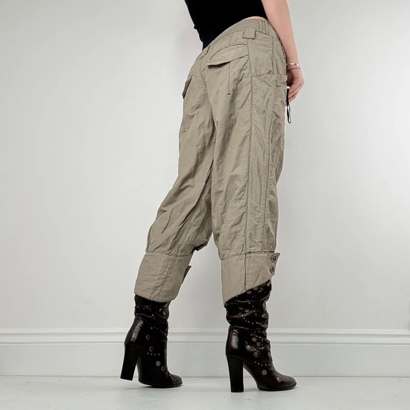 khaki low rise puff pleated trousers