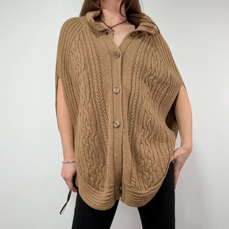 Tan Cable Knit Cape Cardigan