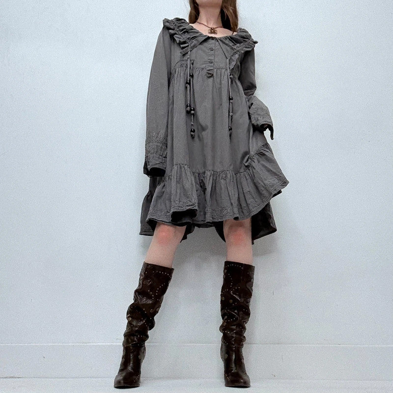 grey pleated puff shirt dress