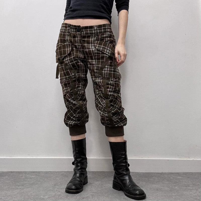 tartan puff cinched capri trousers