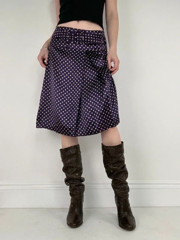 pleated silk polkadot flared midi skirt