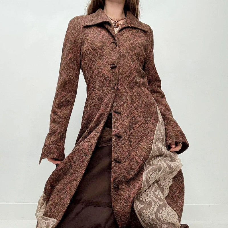 brown lace flared tweed pea coat