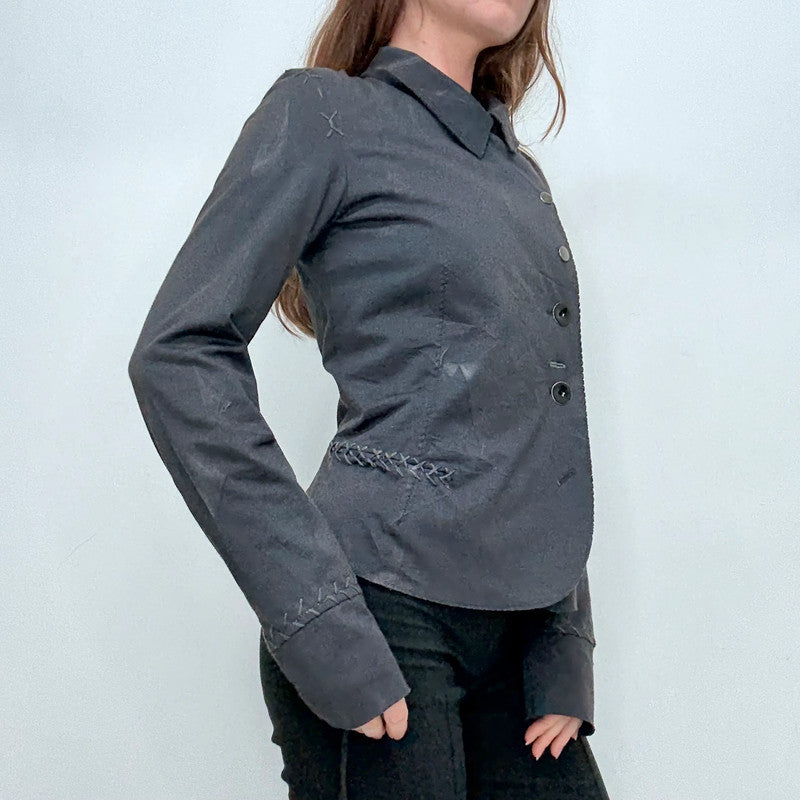black distressed asymmetric military button jacket
