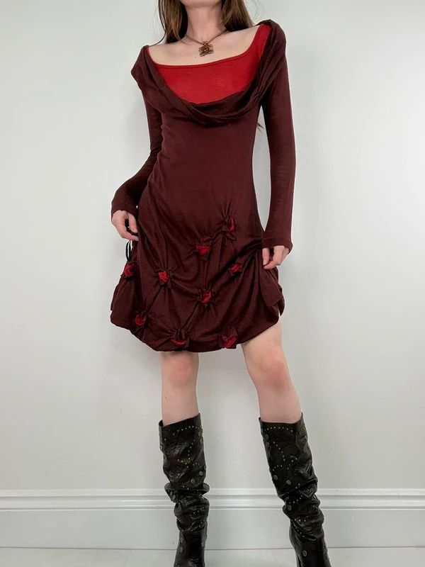 layered cinched long sleeve burgundy flared dress