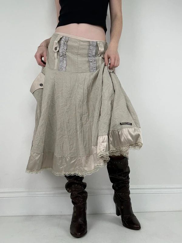 Khaki flared ruffle drop waist midi skirt