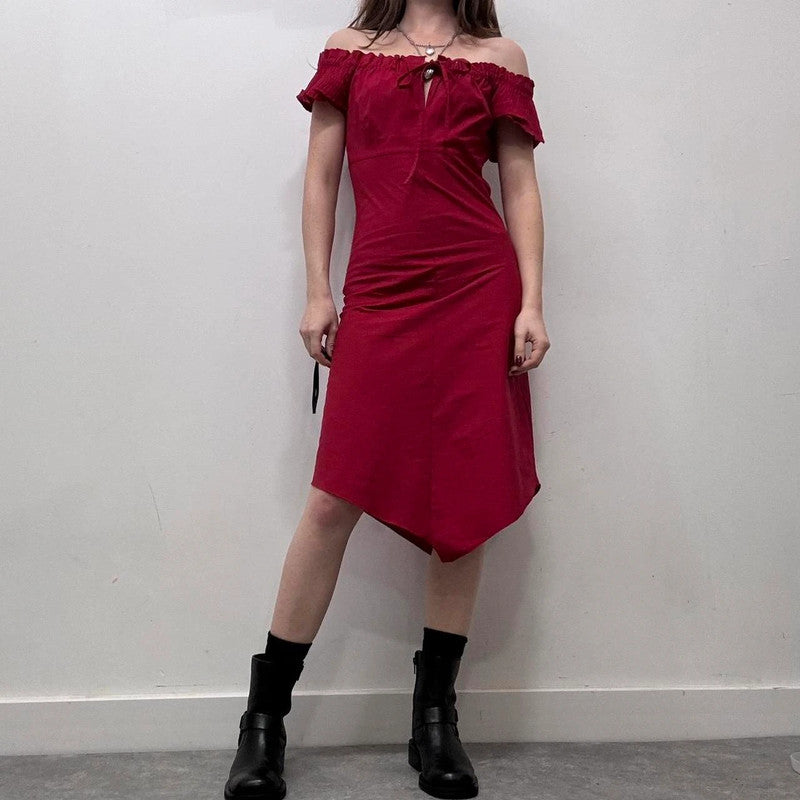 red off-the-shoulder coquette dress