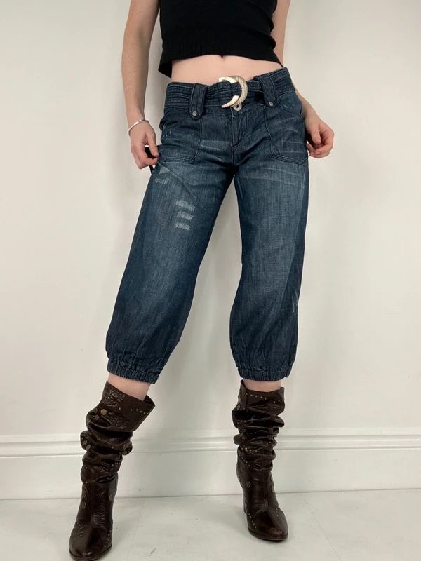 cropped denim puff capri pants