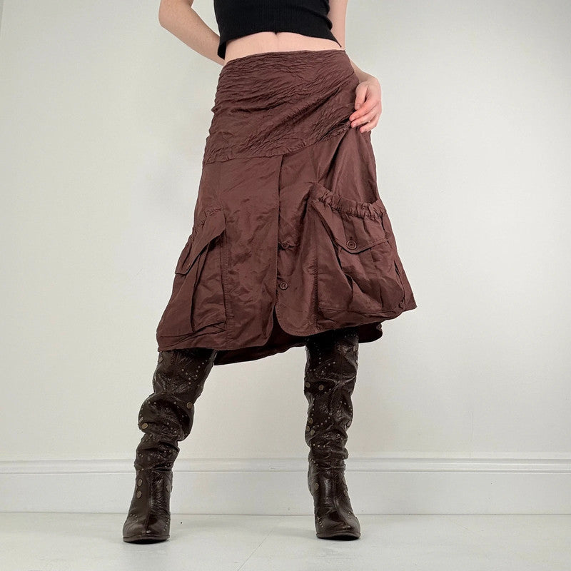 brown crinkle pleated puff skirt