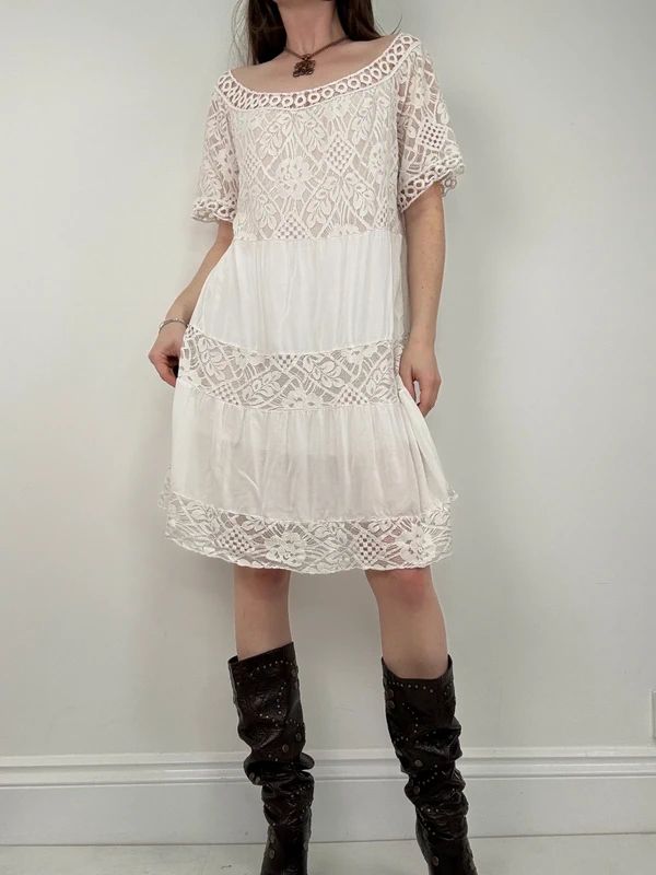 white lace layered wide neck boho dress