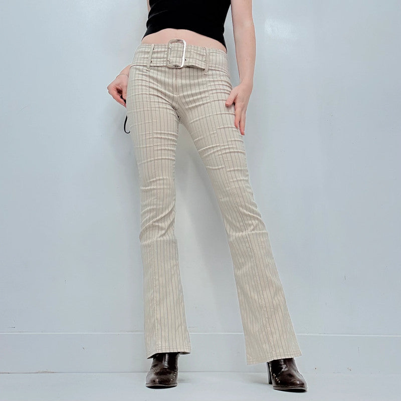 tan pinstripe buckle flared trousers