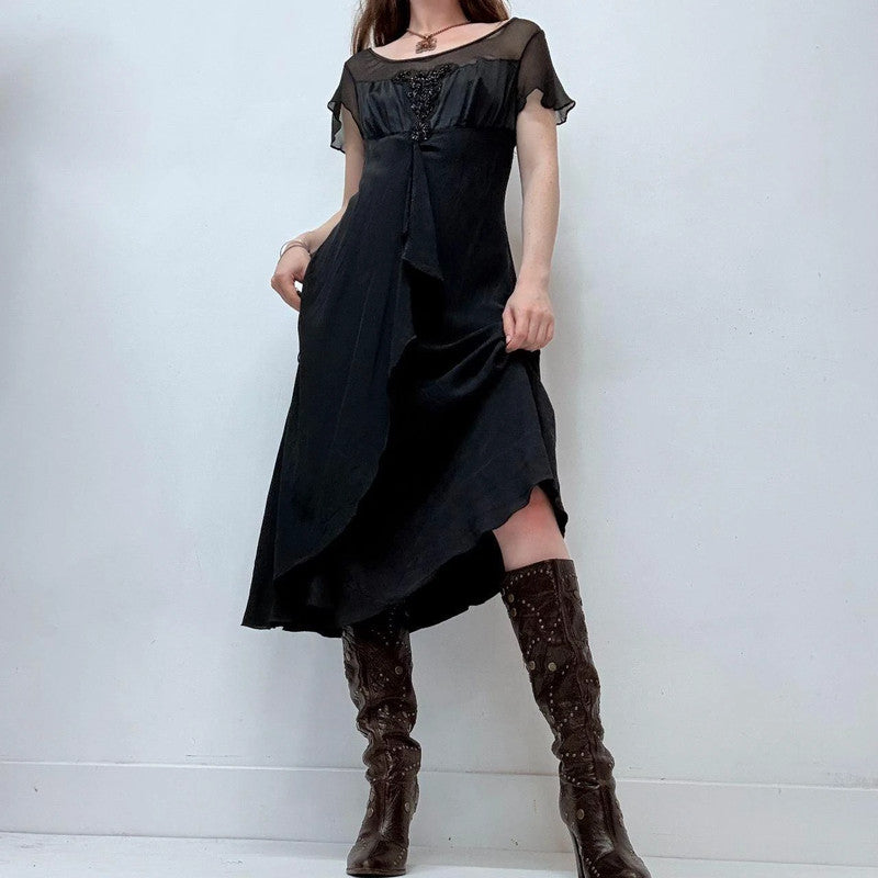 black flutter draped midi silk dress