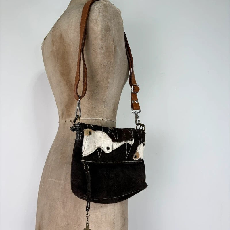 brown suede cowhide leather patchwork bag