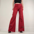 red cotton wide leg flared embroidered trousers