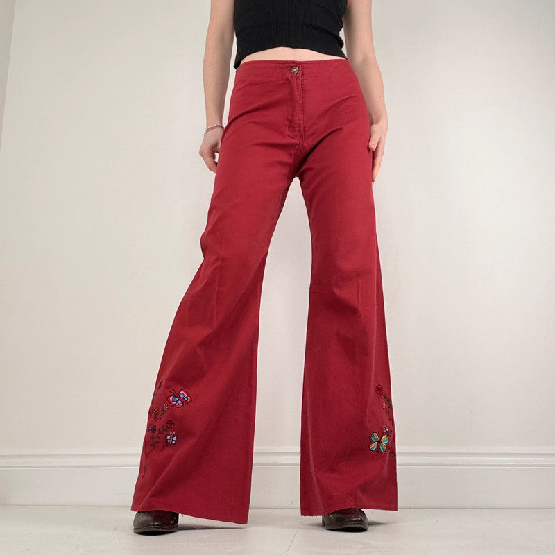 red cotton wide leg flared embroidered trousers