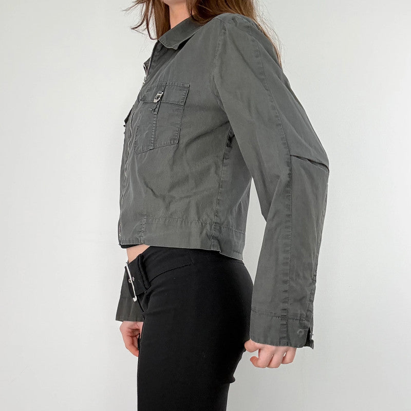 khaki zip through cropped utility jacket