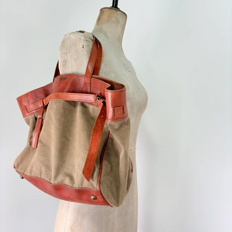 Slouchy oversized leather and canvas shoulder bag
