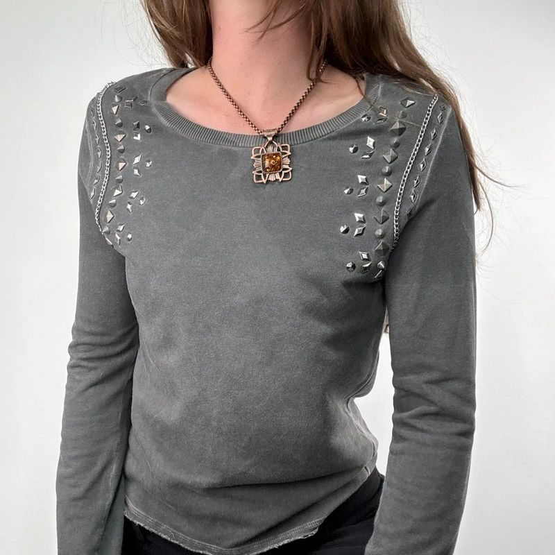 distressed cotton studded cropped sweatshirt