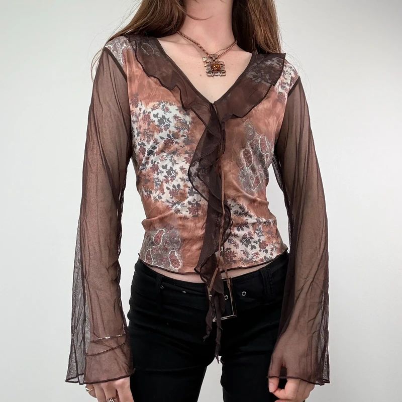 Brown floaty sheer Flared Boho Shirt