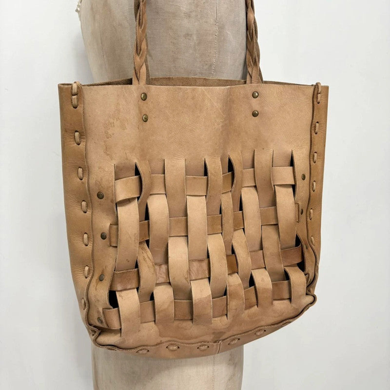 tan leather woven tote bag