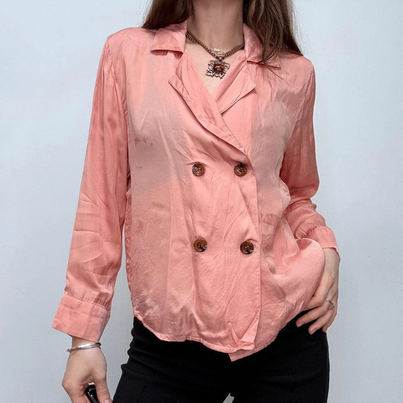 pink silky satin wrap button shirt