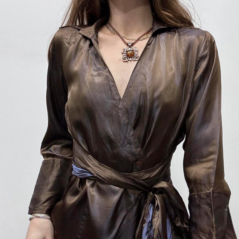 two tone brown silky wrap shirt
