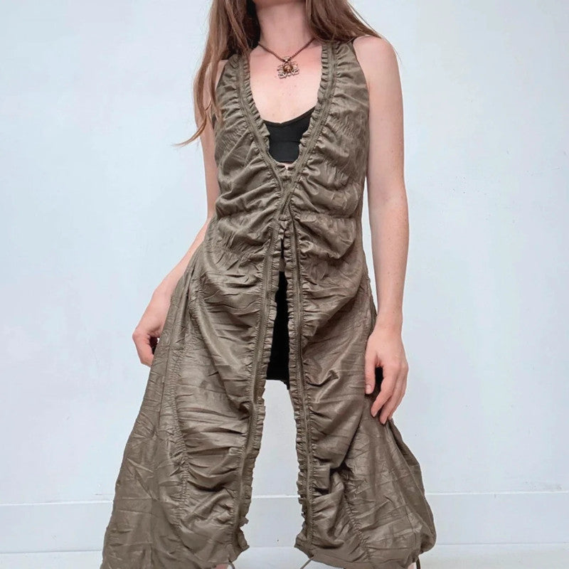 gathered cinched khaki green pantaloon dress