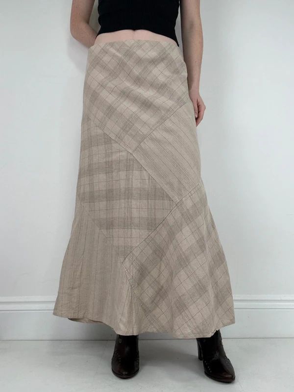 beige linen tartan flared checked maxi skirt