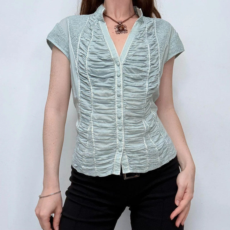 blue gathered cinched corset shirt