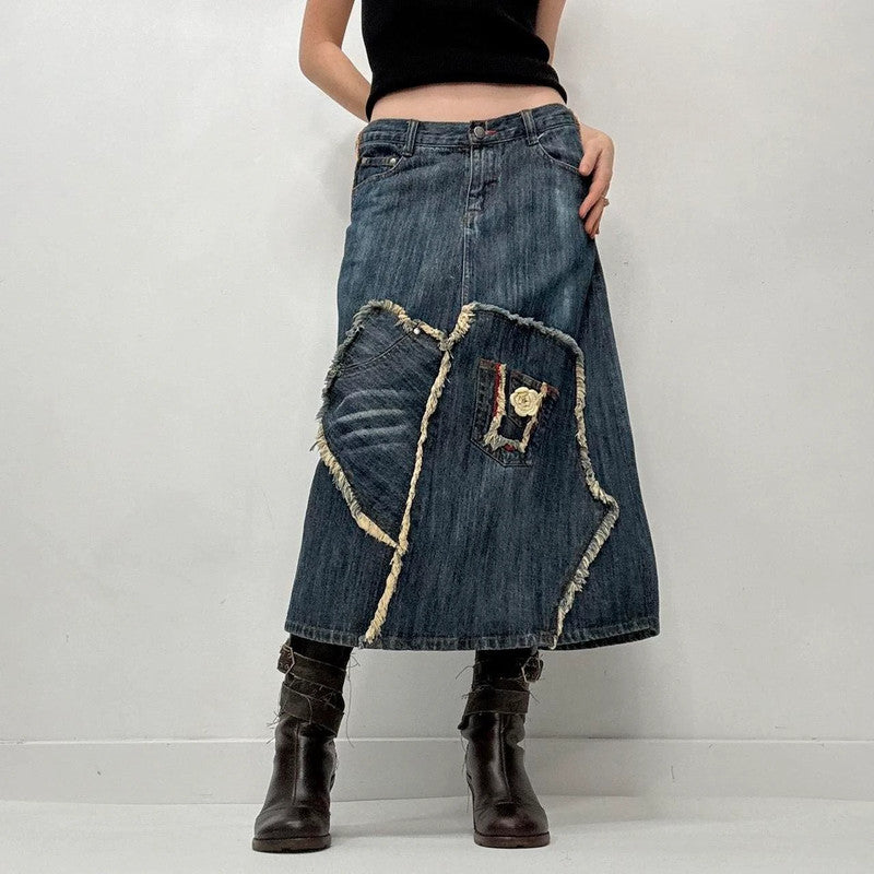 Contrast denim distressed crochet skirt