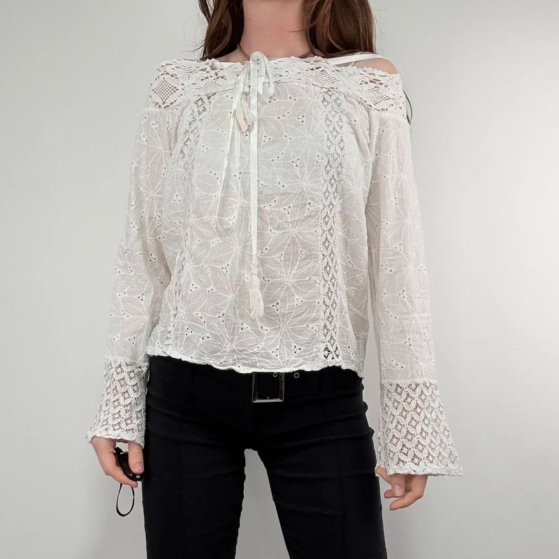 white lace embroidered off the shoulder lace blouse