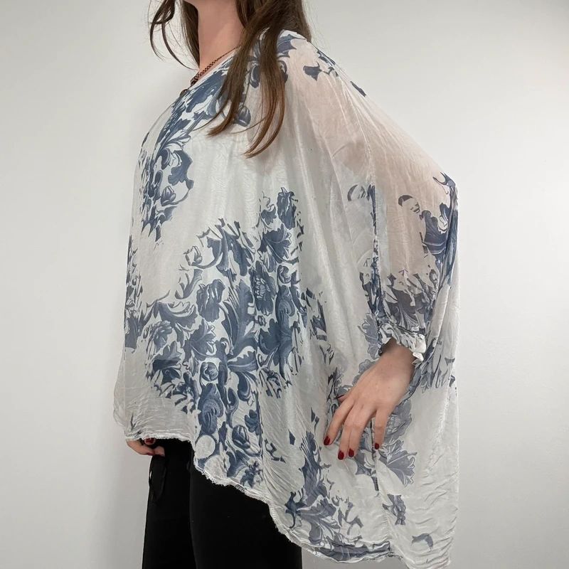 white and blue silk draped regency printed batwing blouse