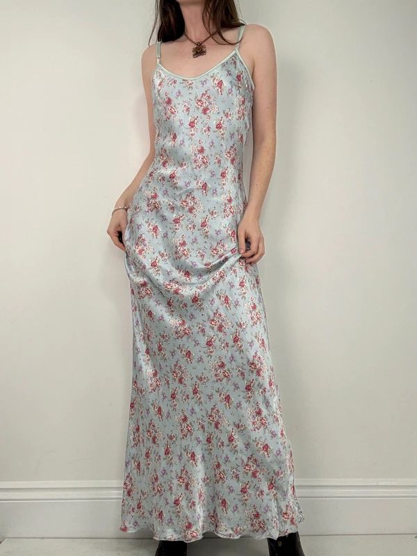 vintage bias cut baby blue floral dress