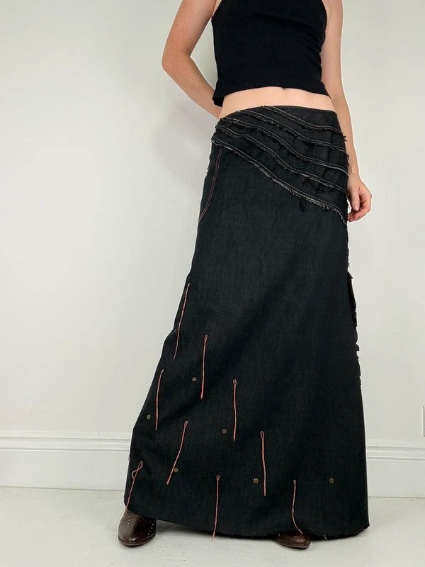 Flared black distressed maxi skirt