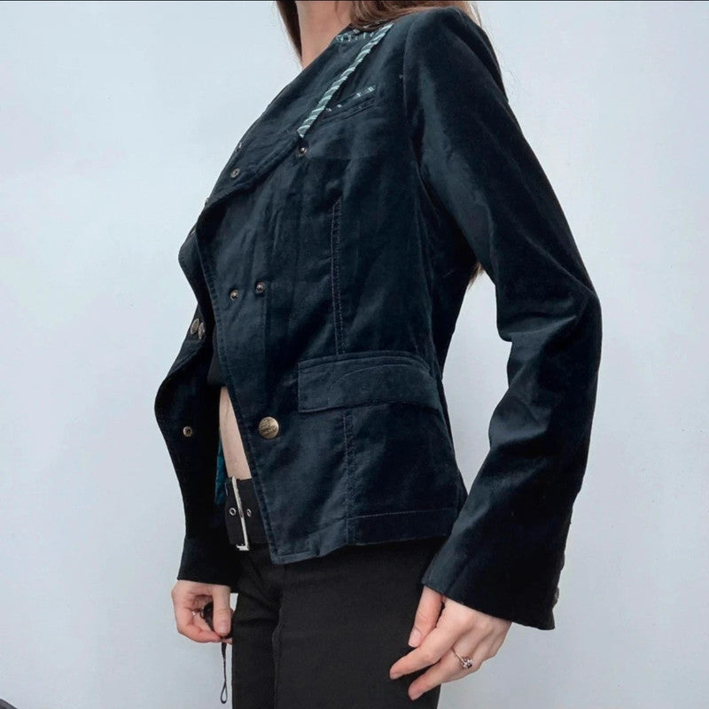 Asymmetric cropped flared military jacket