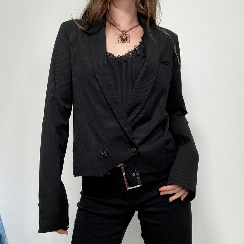 cropped black pinstripe asymmetric jacket