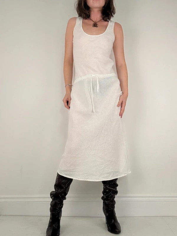 white linen bias cut drop waist maxi dress