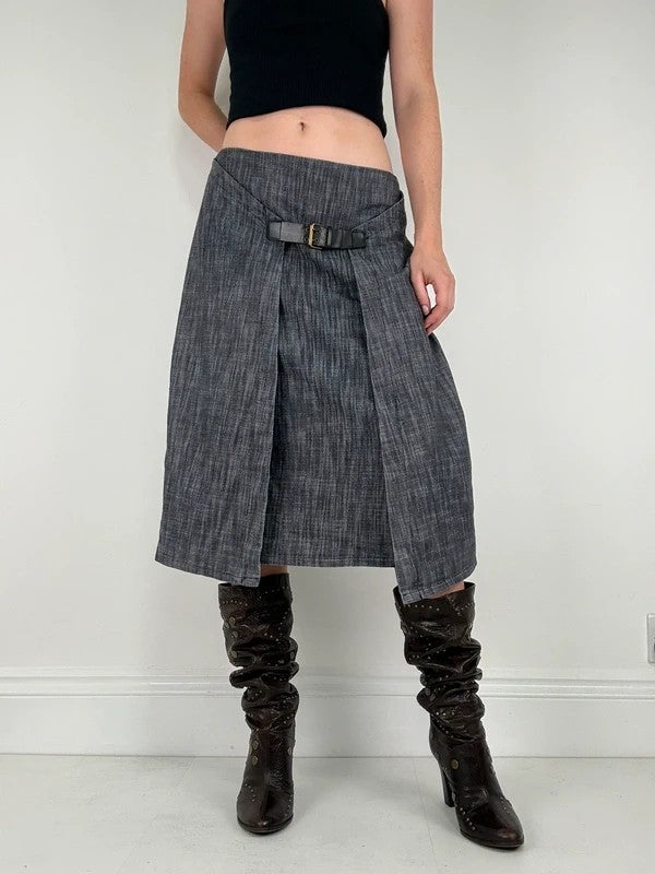 Pleated buckle front denim grunge midi skirt