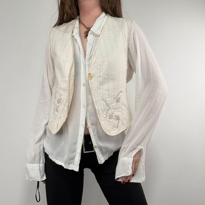 cream pinstripe Marithé + François Girbaud waistcoat vest