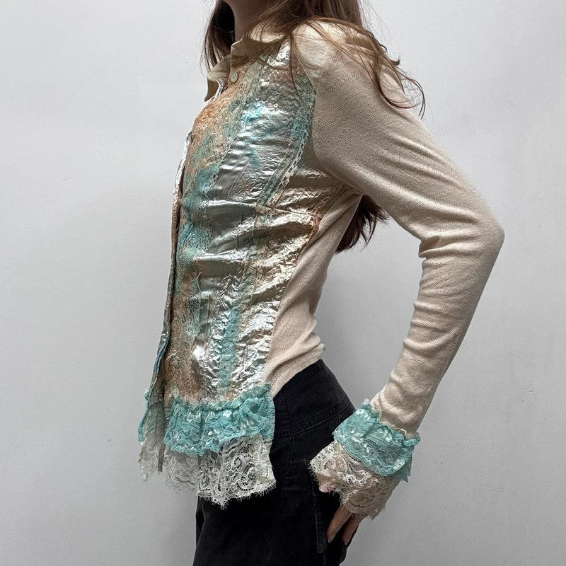 lace flared satin ruffle shirt