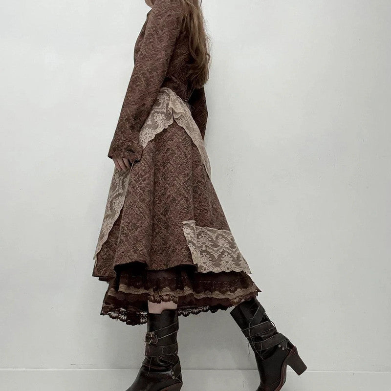brown lace flared tweed pea coat