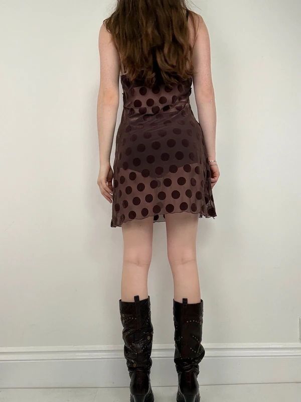 brown polkadot sheer mini slip dress