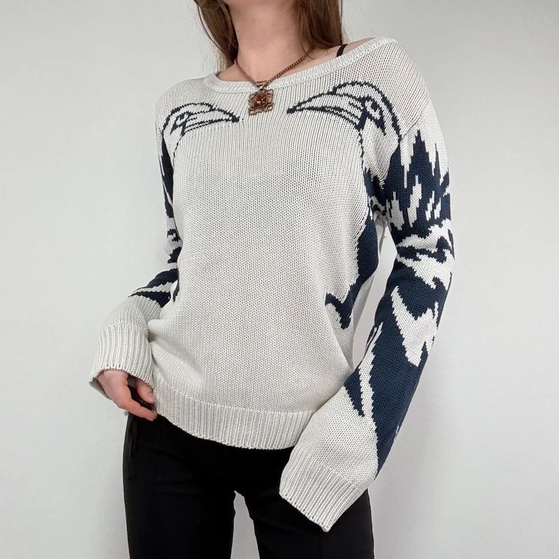 chunky knitted slouchy neck graphic jumper