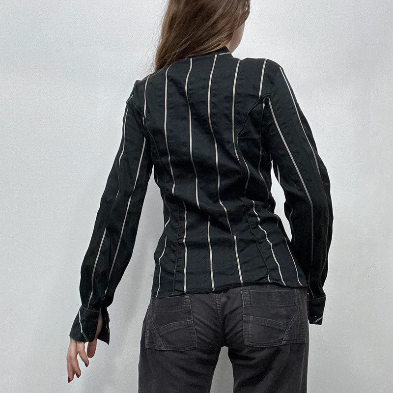 black flared pinstripe office shirt