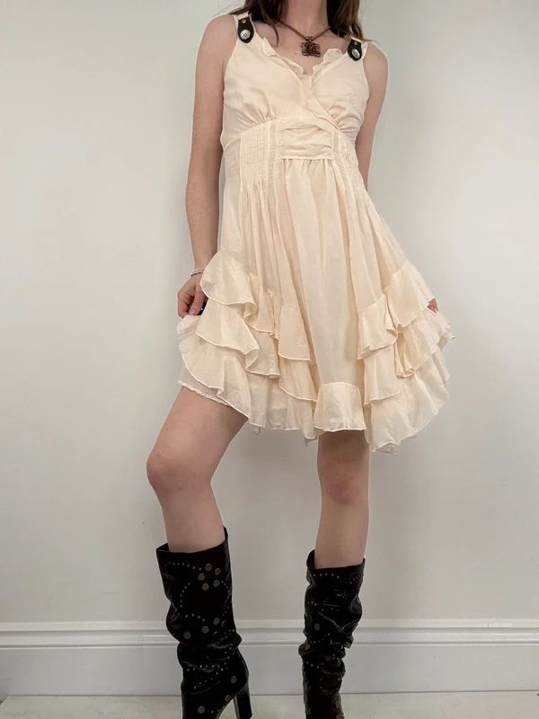 cream layered ruffle cotton silk summer mini dress