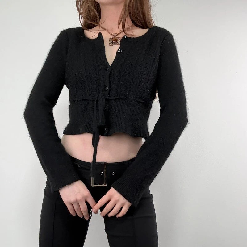 black cropped preppy angora wool cardigan