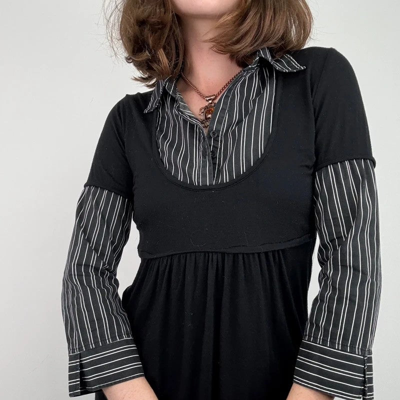 black pinstripe layered flared shirt