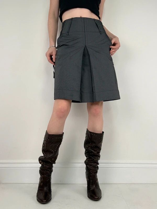 grey pinstripe flared pleated midi skirt