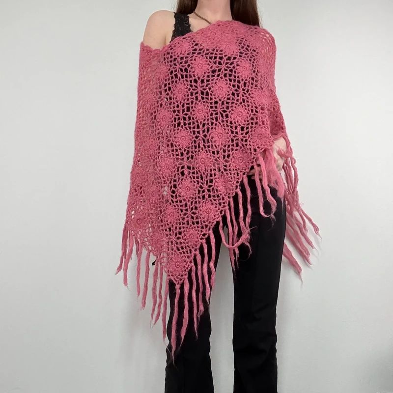 pink sheer knit crochet poncho