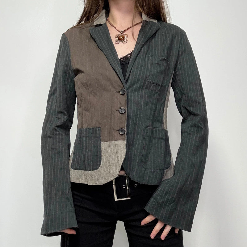 pinstripe crinkle patchwork fitted jacket