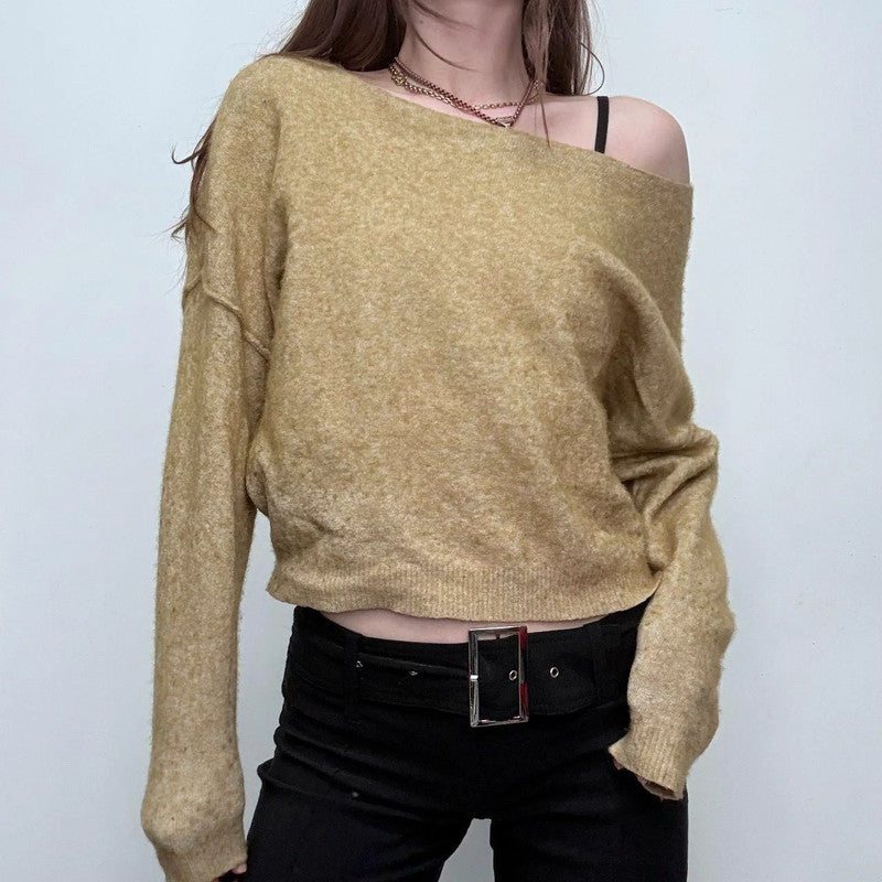 green off the shoulder slash neck wool jumper